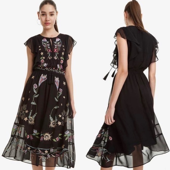Desigual Dresses & Skirts - DESIGUAL Sandy Embroidered Boho Maxi Dress | Size 12 | Black w/floral print